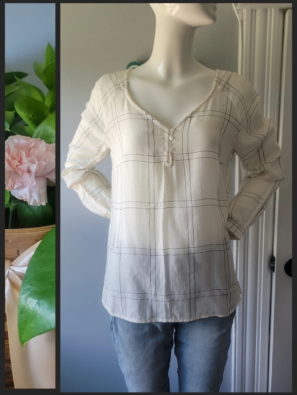 Dex Cream Windowpane V-Neck Button-Detail Blouse